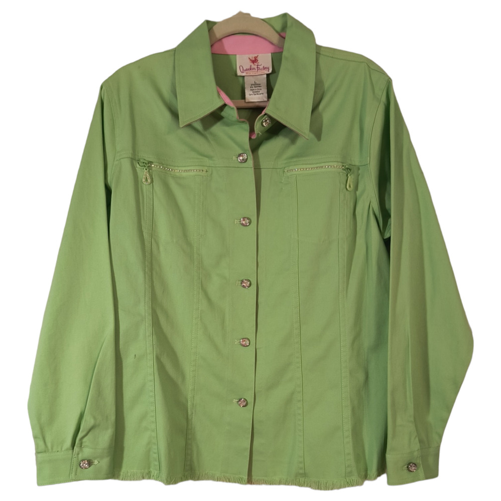 Quacker Factory Shacket Women's Size L Green Button Down Long Sleeve Embellished